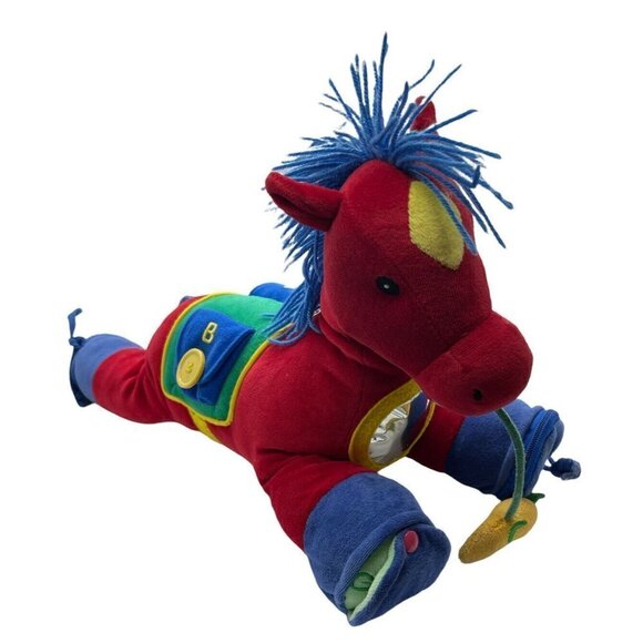 VTG Aurora Baby Red Horse Plush Activity Toy Primary Colors Blue Yarn Hair 90s - Picture 2 of 11